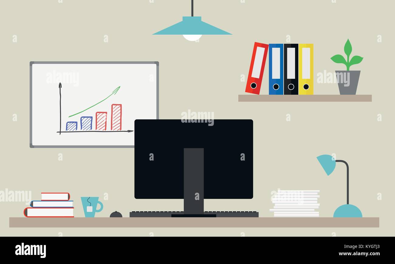 Vector Abbildung: Büro mit Computer, Papier und Bücher auf dem Schreibtisch, und Dateien und Board mit wachsenden grafik-design Stock Vektor