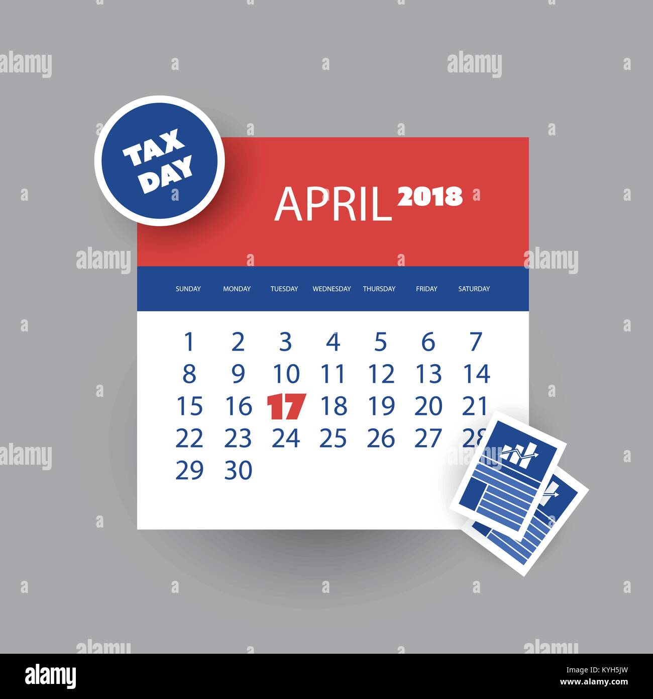 Steuer Tag Erinnerung Konzept - Kalender Design Vorlage - USA Steuer Frist, Fälligkeitsdatum für Bundes Einkommensteuererklärungen: 17. April 2018 Stock Vektor