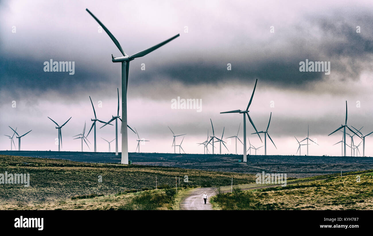 Anzeigen von Windenergieanlagen im Windpark Whitelee im East Renfrewshire von Scottish Power betrieben, Schottland, Vereinigtes Königreich Stockfoto