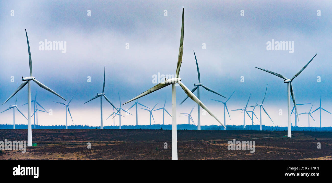 Anzeigen von Windenergieanlagen im Windpark Whitelee im East Renfrewshire von Scottish Power betrieben, Schottland, Vereinigtes Königreich Stockfoto