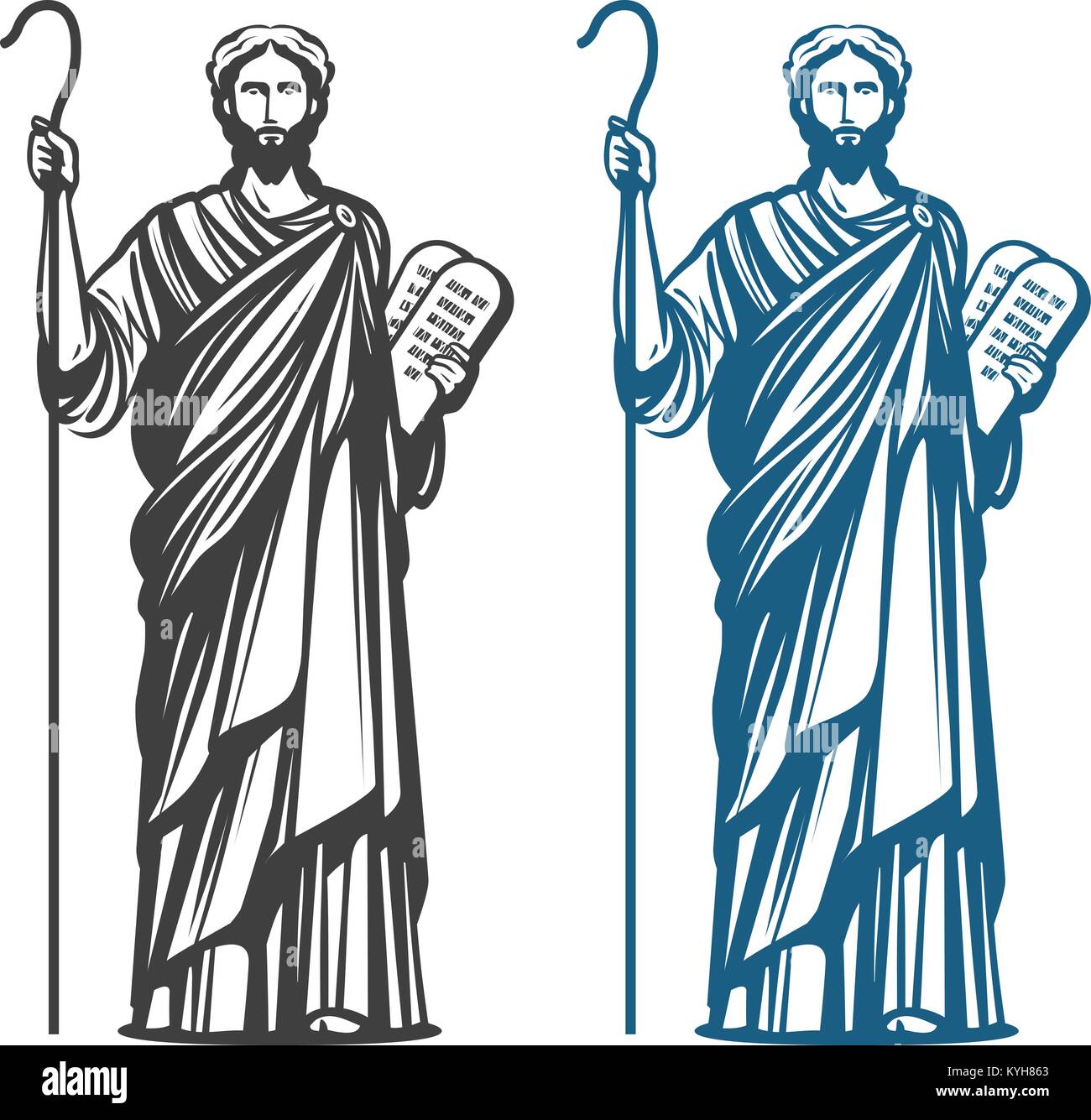 Mose hält in der Hand die beiden steinernen Tafeln des Bundes mit zehn Gebote. Das Judentum Religion, Jüdischer prophet Symbol. Vector Illustration Stock Vektor