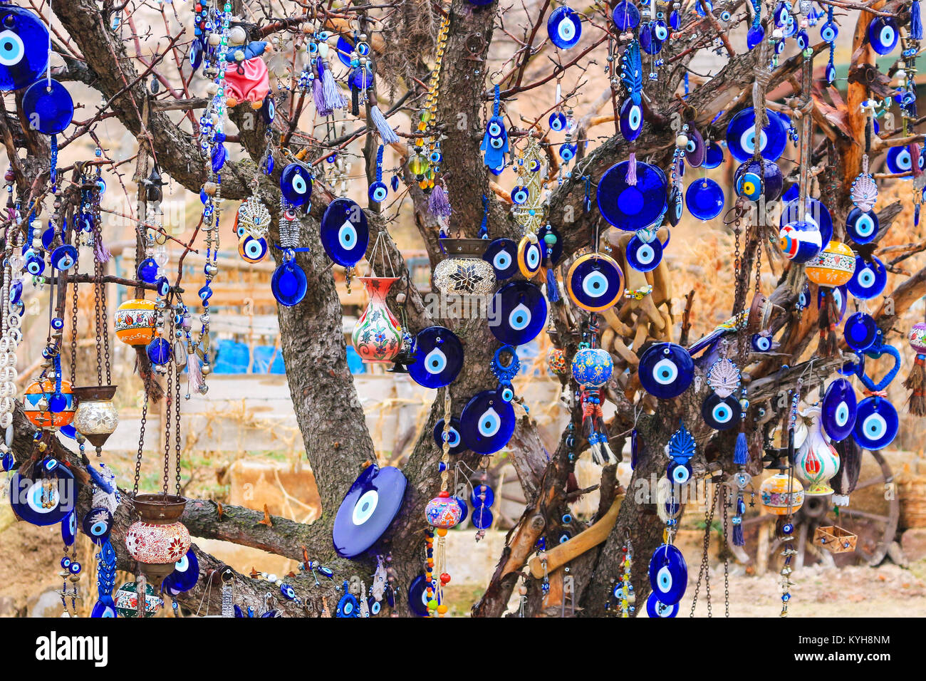 Glas blau Nazars, Amulette gegen den bösen Blick hing die Zweige eines Baumes im Regen in Kappadokien Türkei Stockfoto