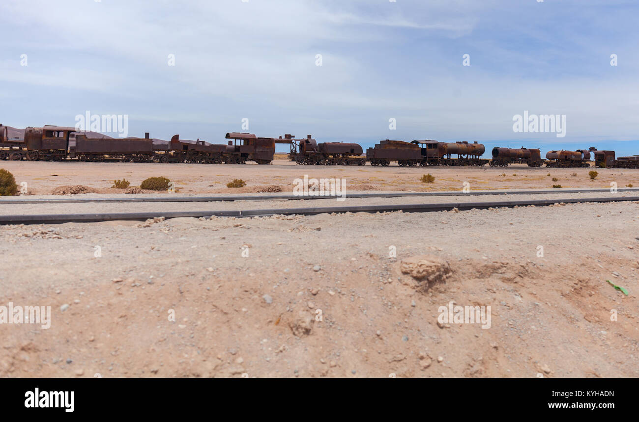 Friedhof der Züge. Uyuni. Bolivien Stockfoto