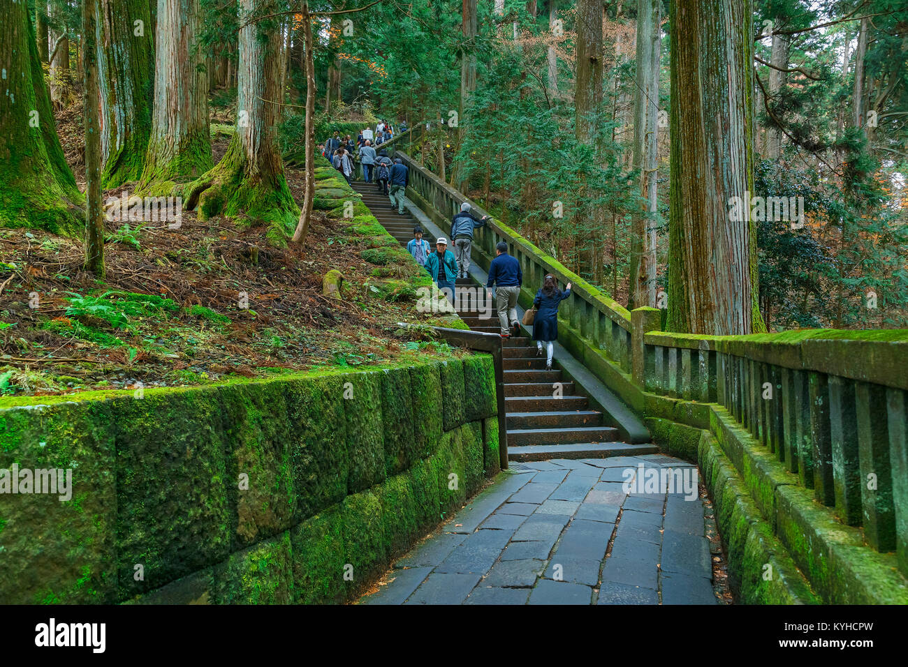 NIKKO, Japan - 17. NOVEMBER 2015: Stein Schritte zum Grab von Tokugawa Ieyasu in Tosho-gu Schrein Stockfoto
