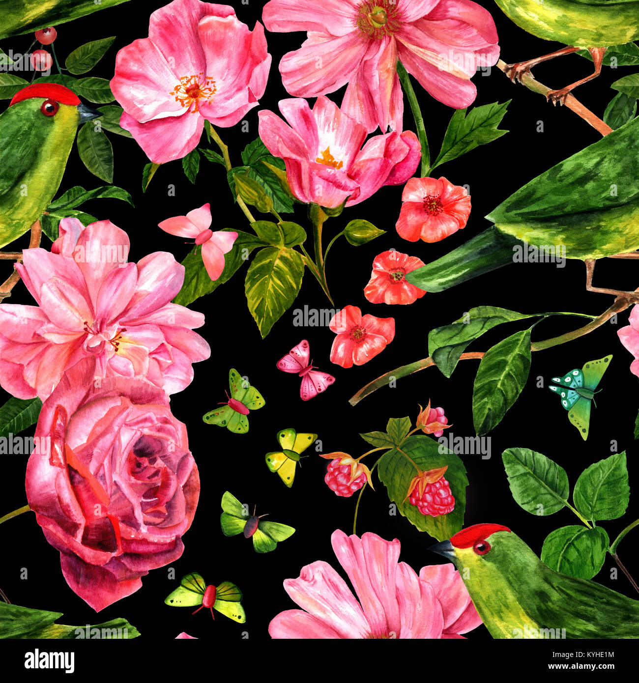 Nahtlose Hintergrundmuster mit Vögeln, Blumen und Schmetterlinge auf Schwarz Stockfoto