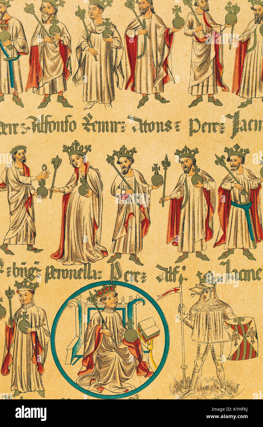König von Aragon Martin ich die Humane (1356-1410). Auf der rechten Seite ihren Sohn Martin ich von Sizilien (1376-1409). Kopieren der Genealogie der Könige von Aragon und Grafen von Barcelona. Spanien. Stockfoto