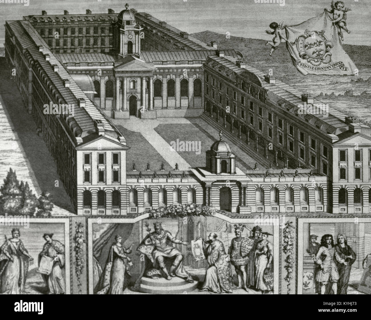 Vereinigtes Königreich. England. Oxford. Design für den Wiederaufbau des Queen's College, vom englischen Architekten Nicholas Hawksmoor (vermutlich 1661-1736), 1727. Oxford Almanack. Gravur. Stockfoto