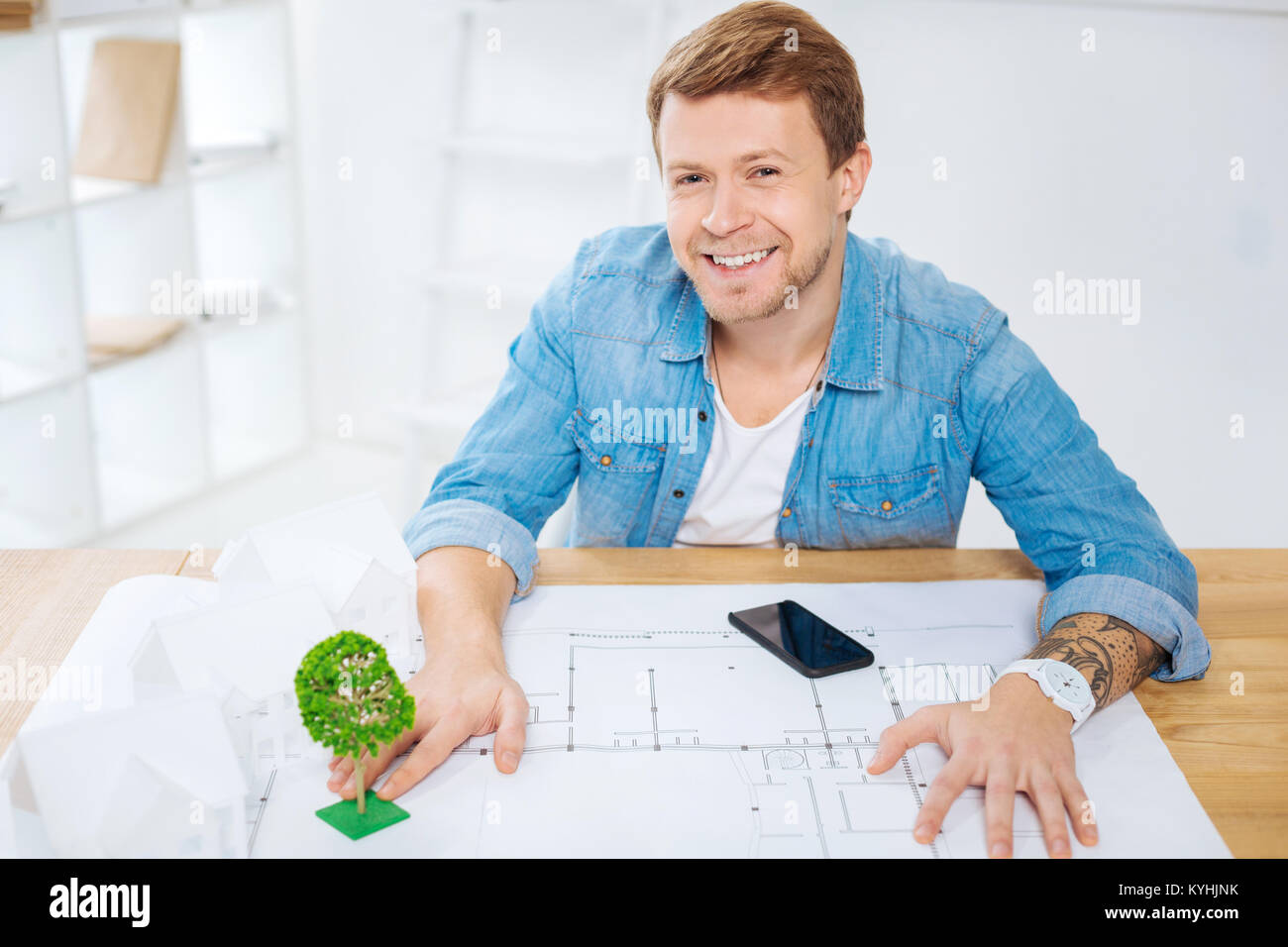 Smart jungen Spezialisten sitzen mit Zeichnungen und kleinen Baum berühren. Stockfoto