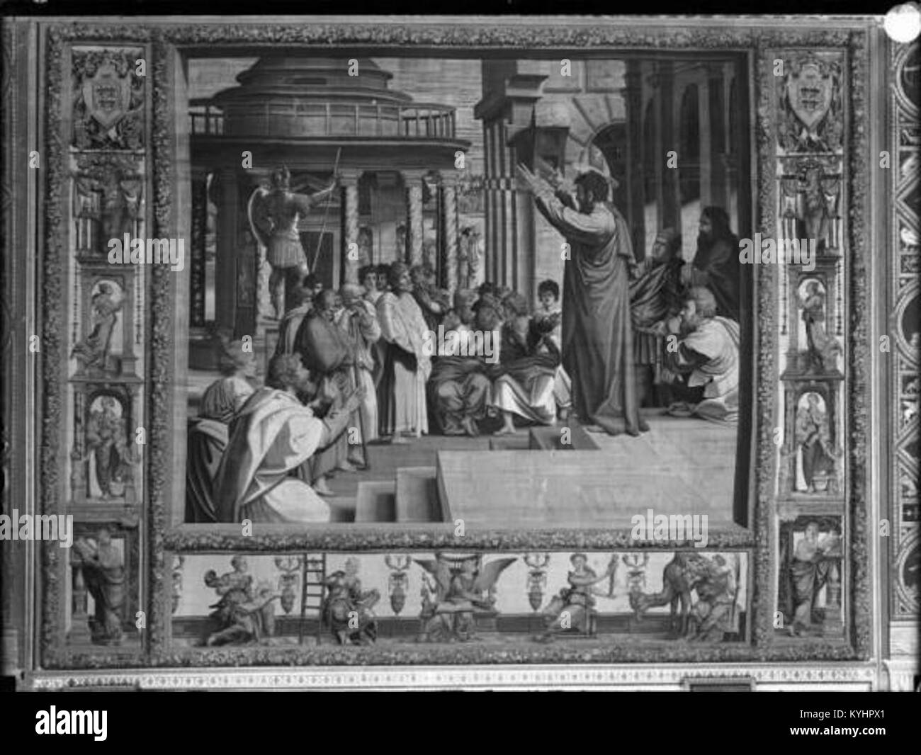 Darstellung der Predigt des Heiligen Paulus am Areopagus in Athen, wie in Apostelgeschichte 17:16–34 beschrieben. Diese Szene veranschaulicht Paulus' Ansprache an die Athener, betont seine Botschaft über den „unbekannten Gott“ und drängt auf eine Wende zum wahren Gott. Stockfoto