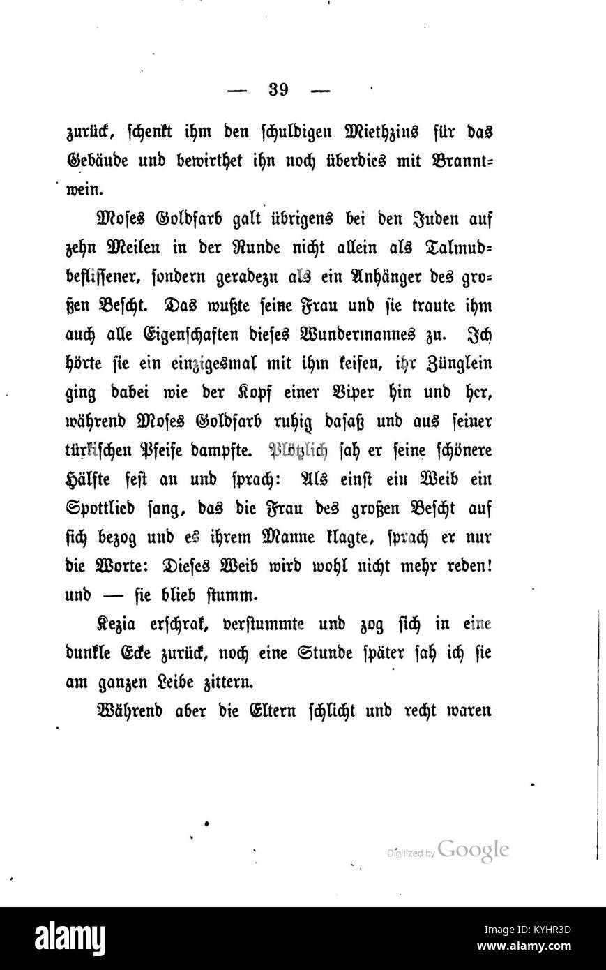 Eine Seite aus den Judengeschichten von Leopold von Sacher-Masoch zeigt jüdische Geschichten, die seinen Beitrag zur jüdischen Kultur und historischen Literatur widerspiegeln. Stockfoto