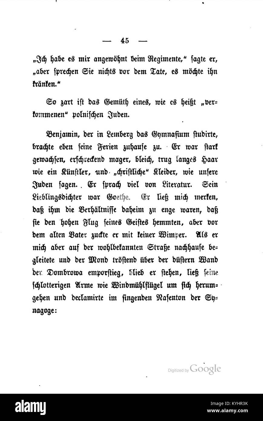 Eine Seite aus den Judengeschichten von Leopold von Sacher-Masoch präsentiert jüdische Geschichten in der europäischen Literatur des 19. Jahrhunderts und beleuchtet kulturelle und historische Erzählungen. Stockfoto