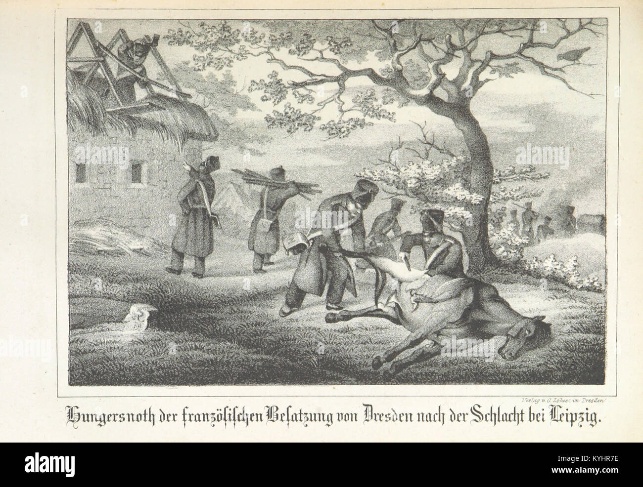 Diese Seite dokumentiert die Hungersnot in Dresden, die durch die französische Besatzung nach der Schlacht bei Leipzig (1805–1815) verursacht wurde, und hebt die sozialen, wirtschaftlichen und humanitären Auswirkungen des Sachsenkonflikts hervor. Stockfoto