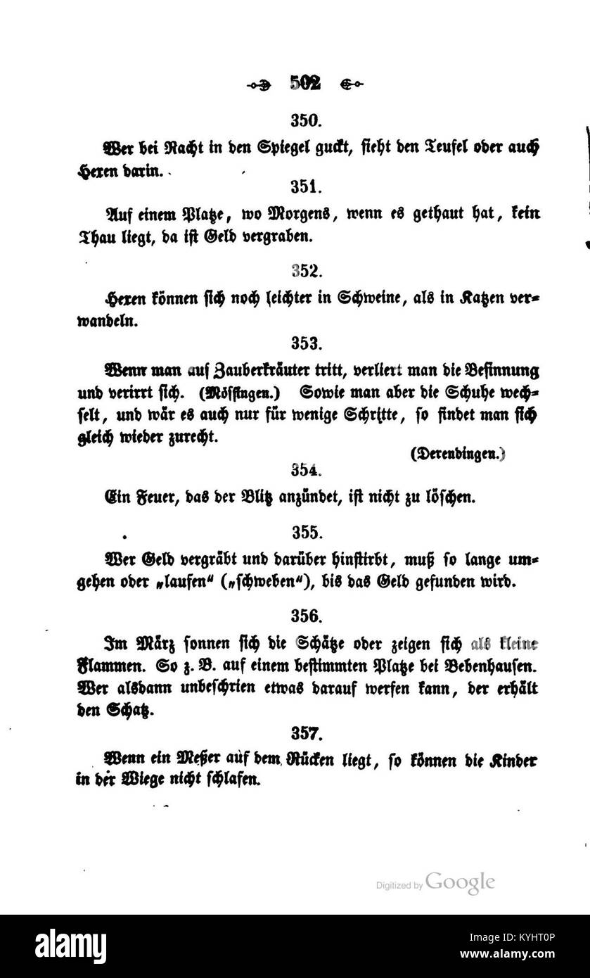 Diese Seite aus Meiers Sagen Sitten Gebräuche von 1852 dokumentiert deutsche Folklore, traditionelle Bräuche und gesellschaftliche Praktiken. Stockfoto