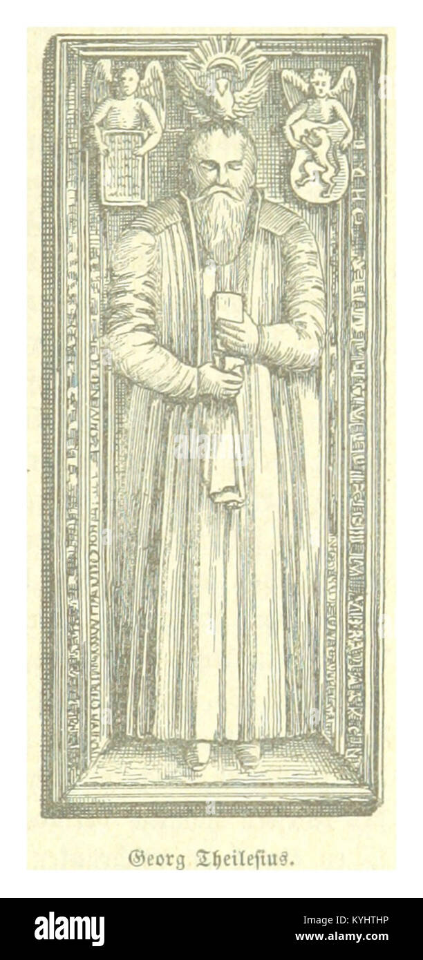 Eine historische Aufzeichnung aus Salzer (1881) über Georg Theilesius, den sechsten evangelischen Pfarrer von Birthälm, der von 1627 bis 1646 diente. Stockfoto