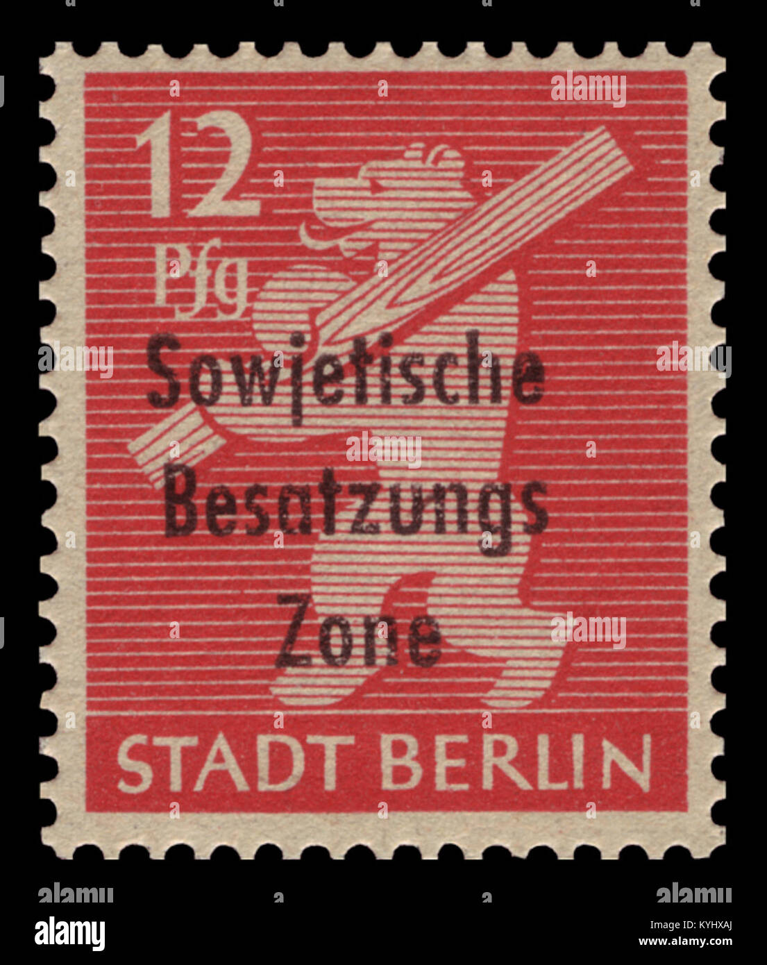 Foto der 1948 in der sowjetischen Besatzungszone erscheinenden Briefmarke Berliner Bär, die Philatelie und politische Geschichte der Nachkriegszeit veranschaulicht. Stockfoto