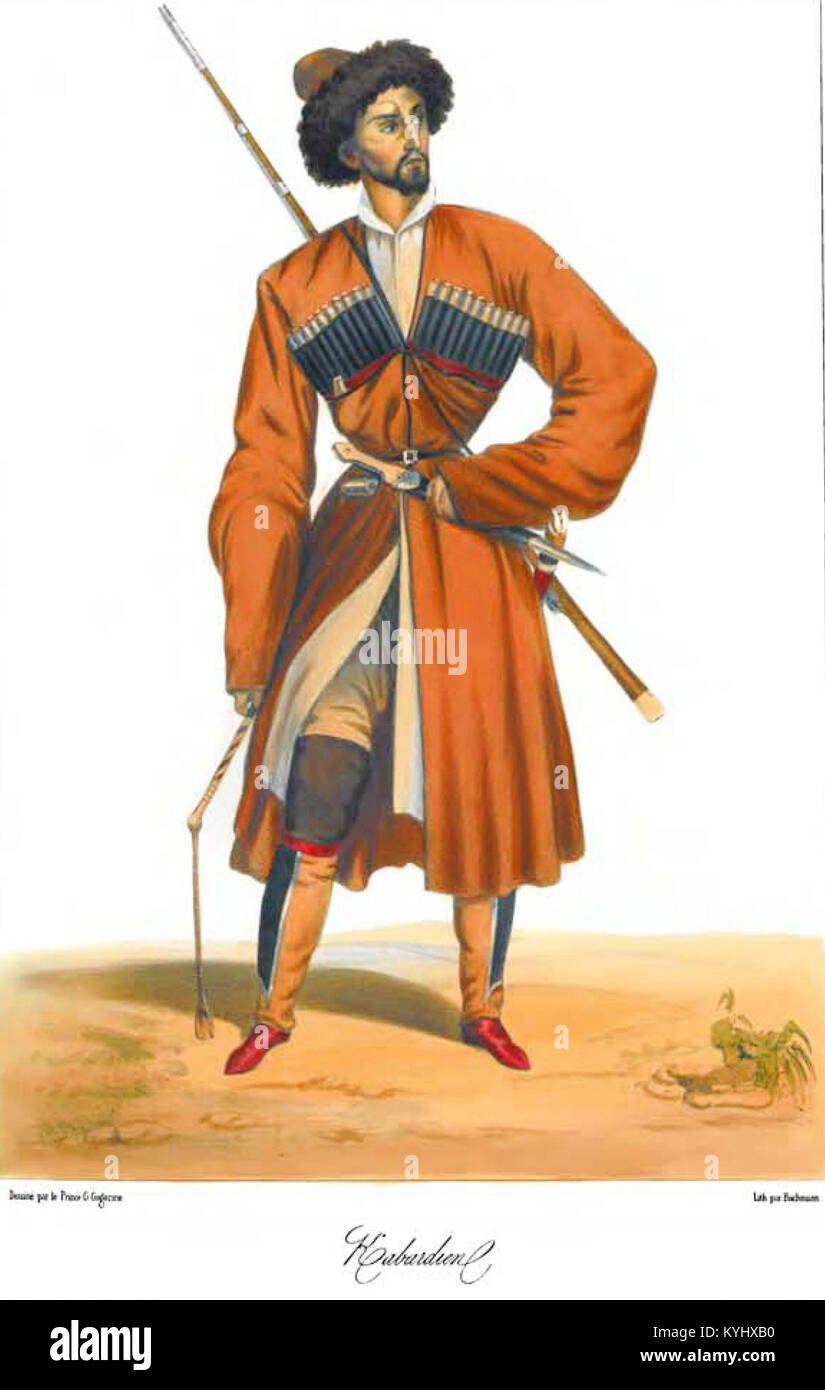 Eine Illustration aus dem 1840 erschienenen Buch „Scènes, paysages, moeurs et costumes du Caucase“ von Prinz G. Gagarine, in dem kaukasische Landschaften und traditionelle Trachten dargestellt werden. Stockfoto