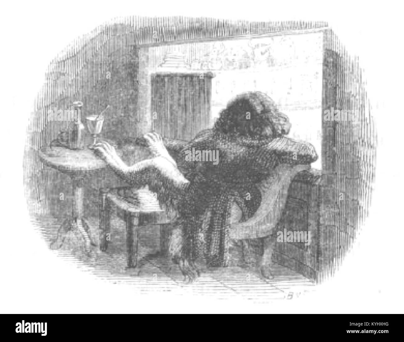 Französischer Stich aus dem 19. Jahrhundert aus *Scènes de la vie privée et publique des animaux* zeigt Tiere in sozialen und privaten Umgebungen mit anthropomorpher Darstellung. Stockfoto