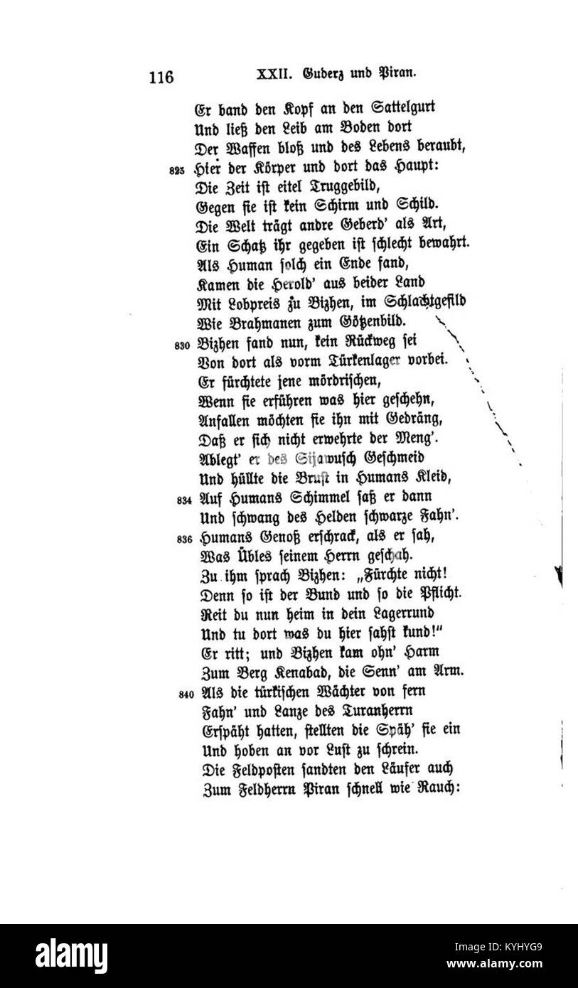 Manuskript Seite III 133 aus „Shahname“ von Ferdowsi, übersetzt von Rückert, zeigt königliche Erzählungen und heldenhafte Geschichten aus dem persischen Nationalepos. Stockfoto