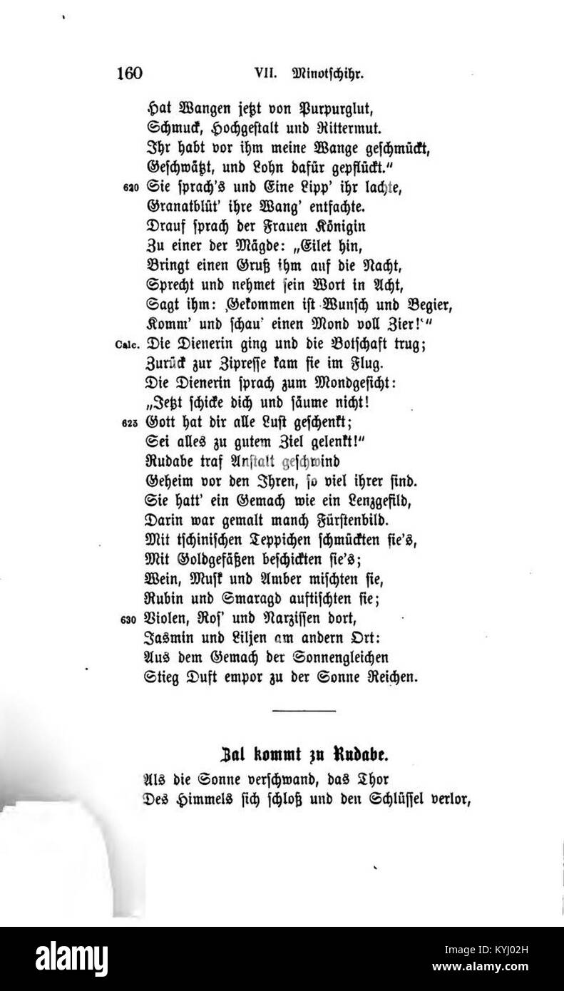Diese Seite aus Schahname von Rückert, Band I, enthält persische epische Poesie, die heroische Taten und mythologische Erzählungen von zentraler Bedeutung für die iranische Kulturgeschichte erzählt. Stockfoto