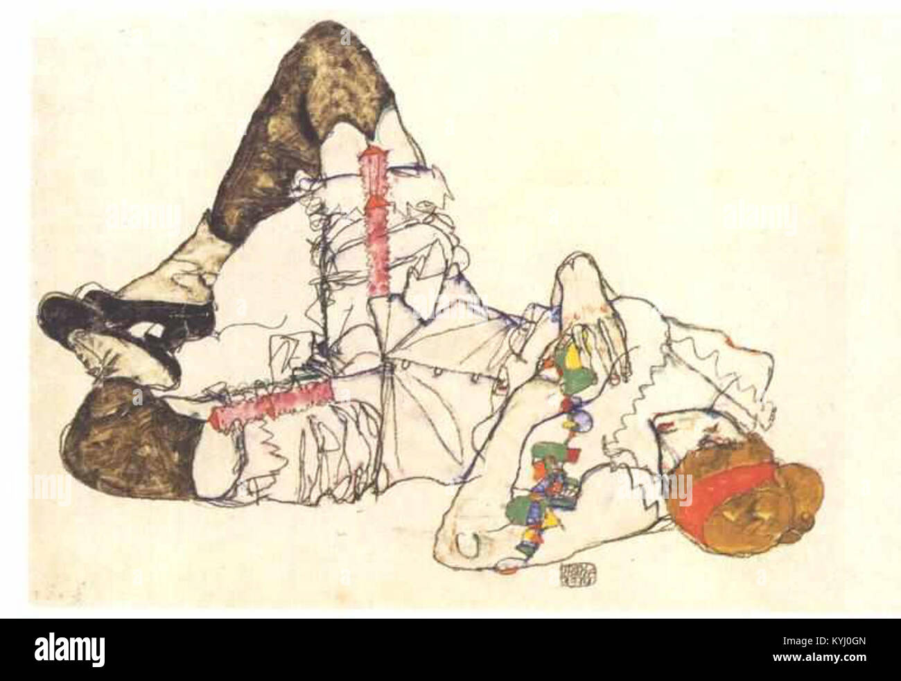 Die liegende weibliche Figur in Egon Schieles Gemälde von 1914 hebt den expressionistischen Stil, die Körperhaltung und anatomische Details in der österreichischen Kunst des frühen 20. Jahrhunderts hervor. Stockfoto