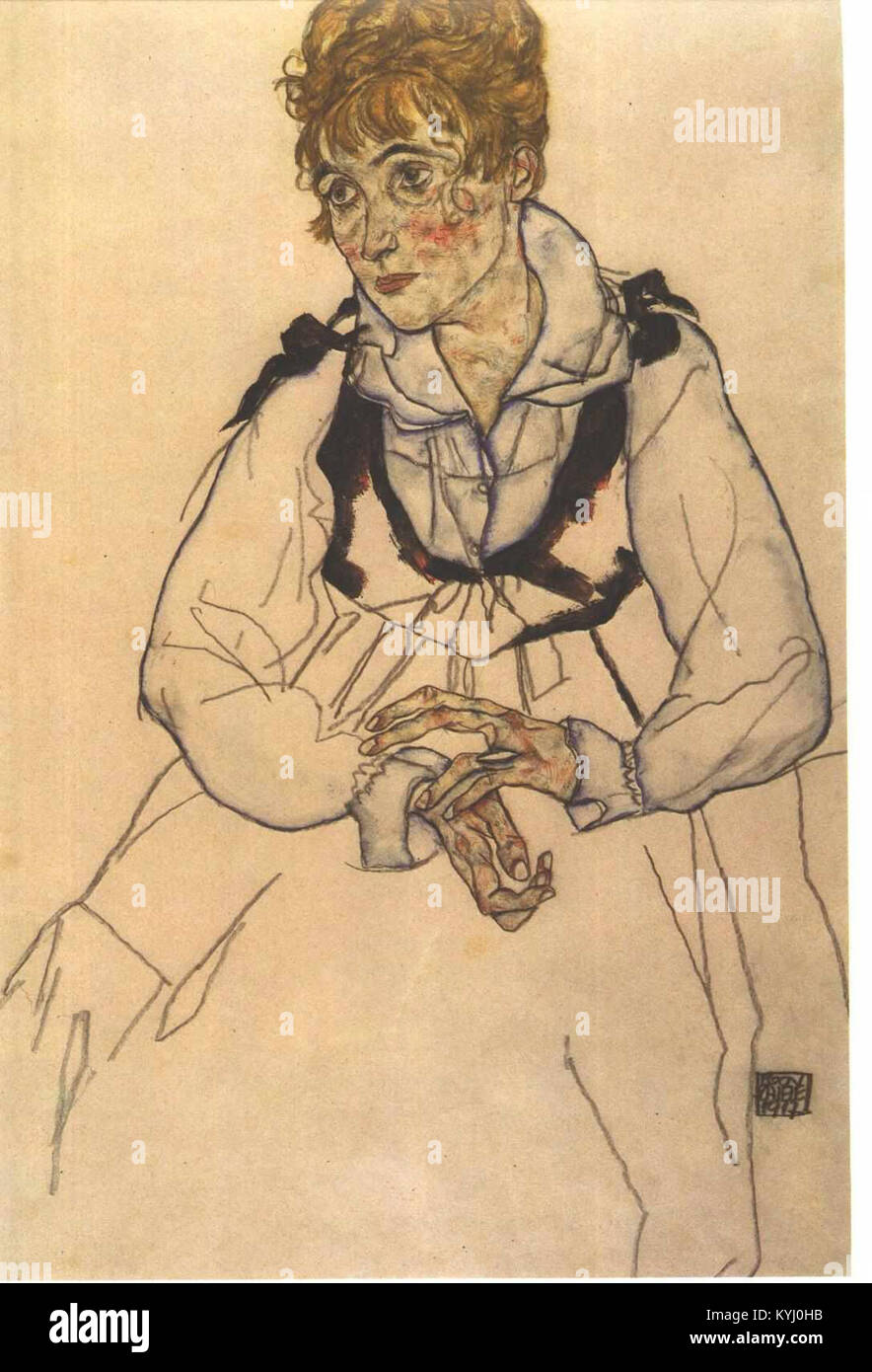 Dieses Porträt von Egon Schiele aus dem Jahr 1917 zeigt seine Frau und veranschaulicht seinen expressionistischen Stil und konzentriert sich auf menschliche Emotionen und intime Beziehungen. Stockfoto