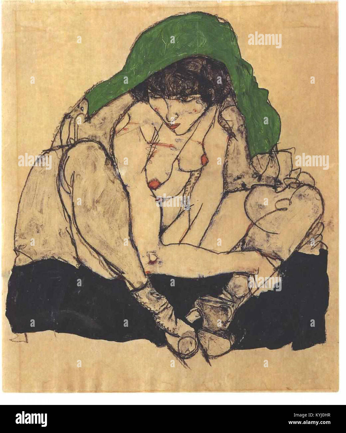 Zeichnung von Egon Schiele aus dem Jahr 1914 mit dem Titel „Kauernde mit grünem Kopftuch“, eine sitzende weibliche Figur mit ausdrucksstarker Haltung. Stockfoto