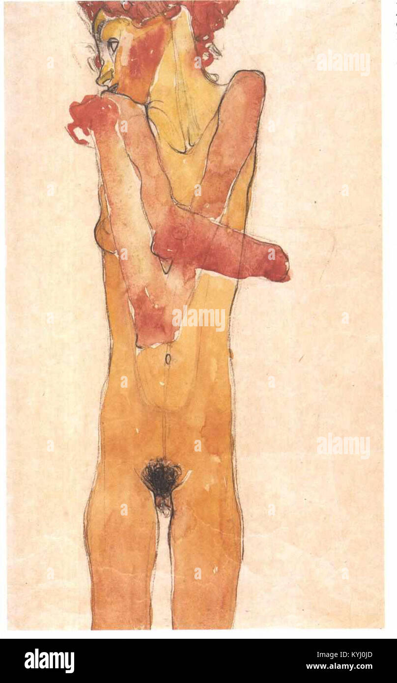 Egon Schieles Mädchenakt mit verschränkten Armen zeigt eine weibliche Figur in dynamischer Pose und veranschaulicht seine expressionistische Haltung und das Studium der menschlichen Form. Stockfoto