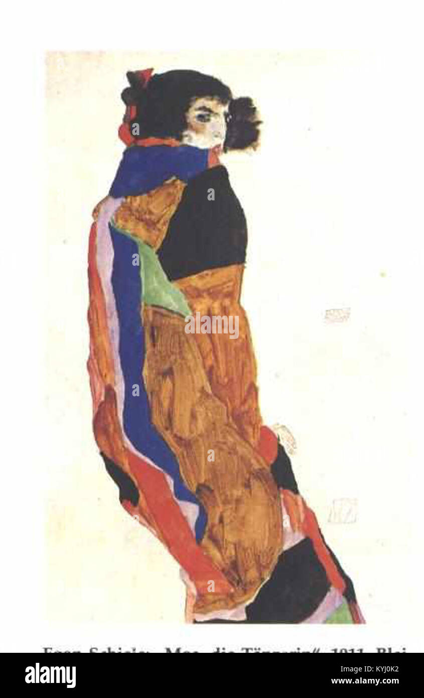 Dieses Gemälde von Egon Schiele mit dem Titel „Moa die Tänzerin“ (1911) zeigt eine Tänzerin in expressiver Haltung und veranschaulicht Schieles charakteristische Verwendung von Linie, Form und emotionalem Ausdruck. Stockfoto