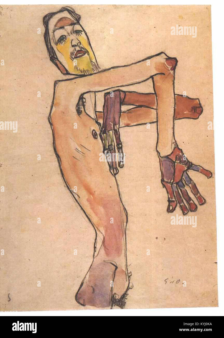 Ein Kunstwerk von Egon Schiele aus dem Jahr 1910, das eine Person mit überkreuzten Händen darstellt und die charakteristische expressionistische Haltung und Emotionen des Künstlers veranschaulicht. Stockfoto