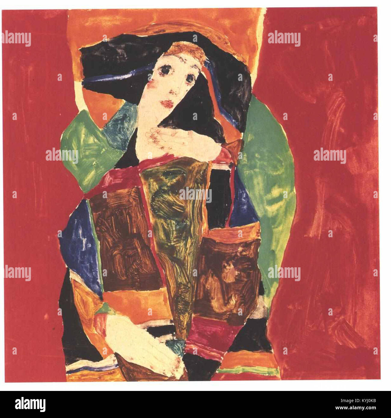 Porträt von Valerie Neuzil von Egon Schiele, das den expressionistischen Stil des frühen 20. Jahrhunderts zeigt, wobei die menschliche Figur, Gesichtszüge und künstlerische Komposition im Mittelpunkt stehen. Stockfoto