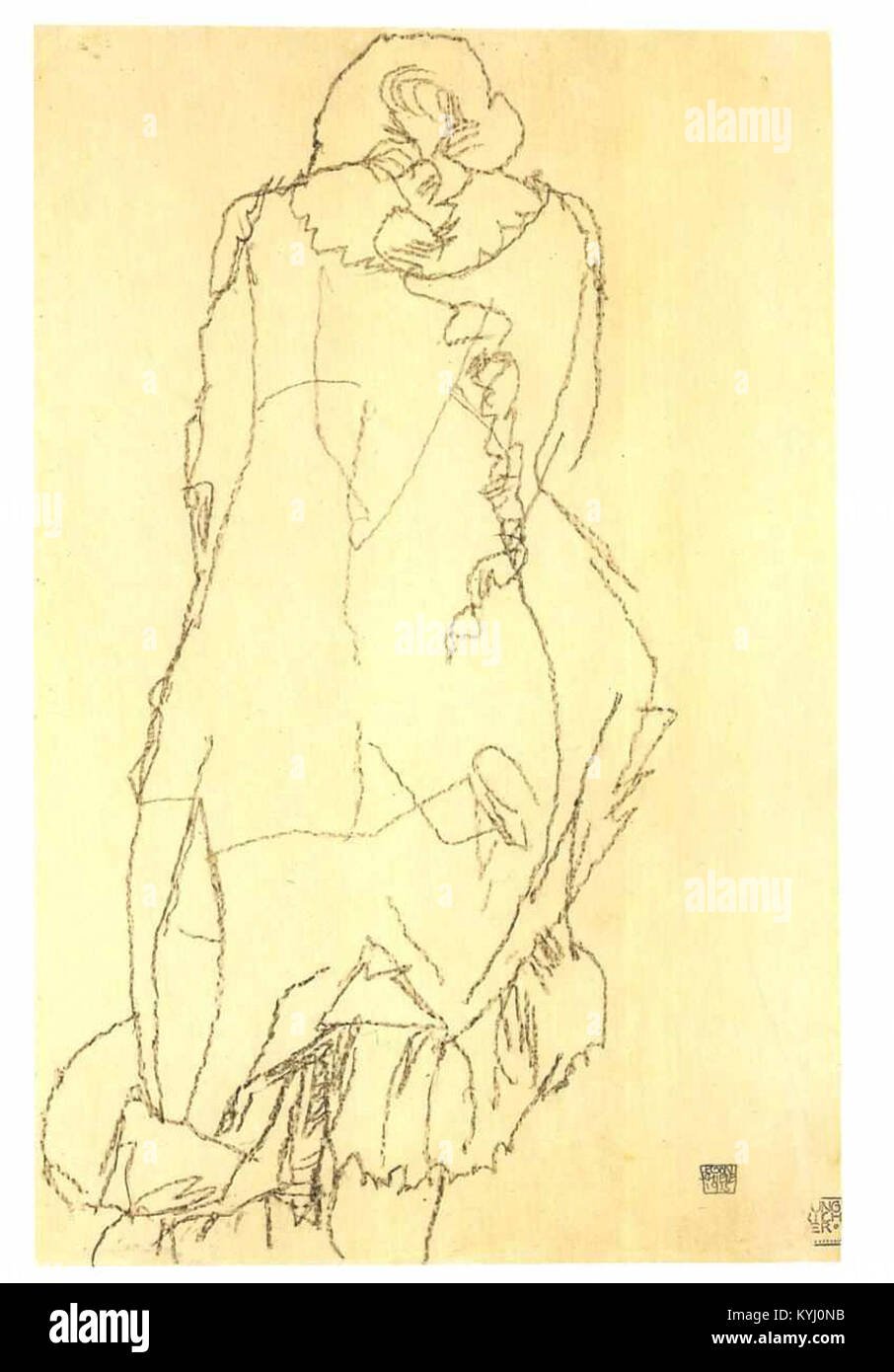 Dieses Gemälde von Egon Schiele aus dem Jahr 1915, „Stehendes Mädchen mit Zopf Rückenansicht“, zeigt eine stehende weibliche Figur von hinten, die seine expressionistischen Linien und anatomischen Details betont. Stockfoto