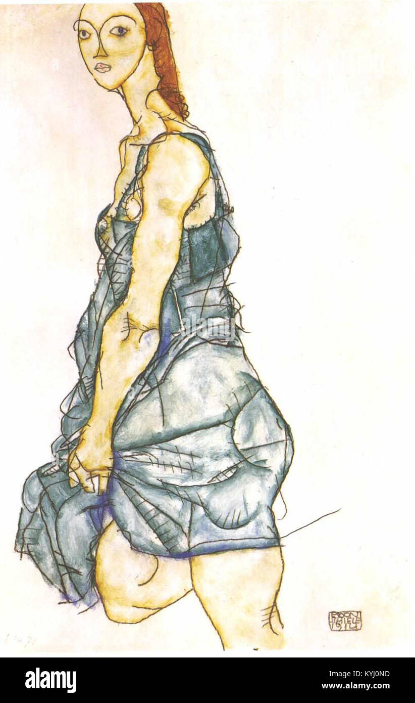 Egon Schieles Gemälde „Standing Woman in Green Shirt“ aus dem Jahr 1914 zeigt eine weibliche Figur in einem grünen Hemd und hebt seine expressive Linienarbeit, Form und seinen Beitrag zum österreichischen Expressionismus hervor. Stockfoto