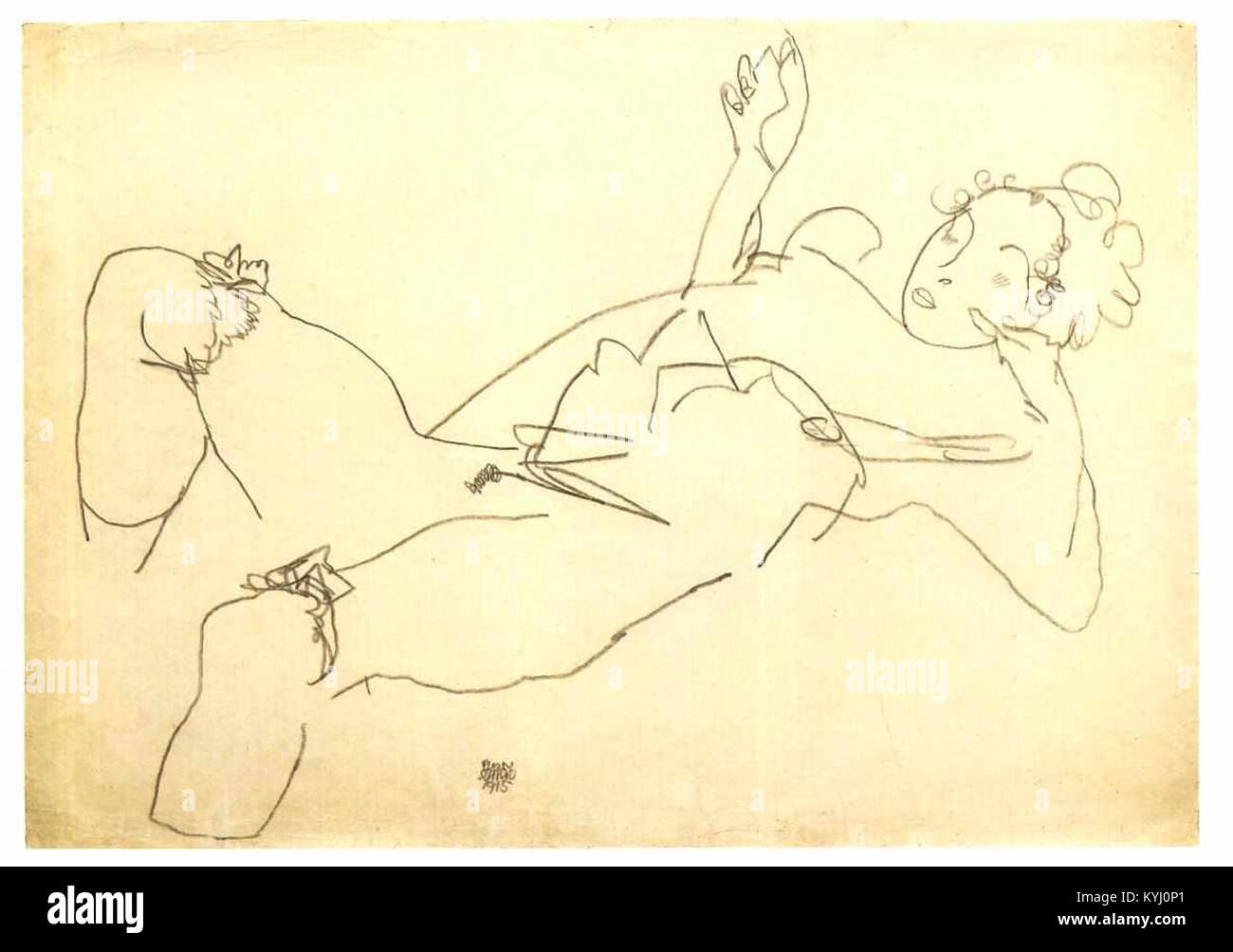 Ein Gemälde von Egon Schiele aus dem Jahr 1915 mit dem Titel „liegend mit aufgestellten Beinen und erhobenen Händen“, das eine liegend liegende Frauenfigur mit erhobenen Beinen und Händen darstellt, die den expressionistischen Stil unterstreicht. Stockfoto