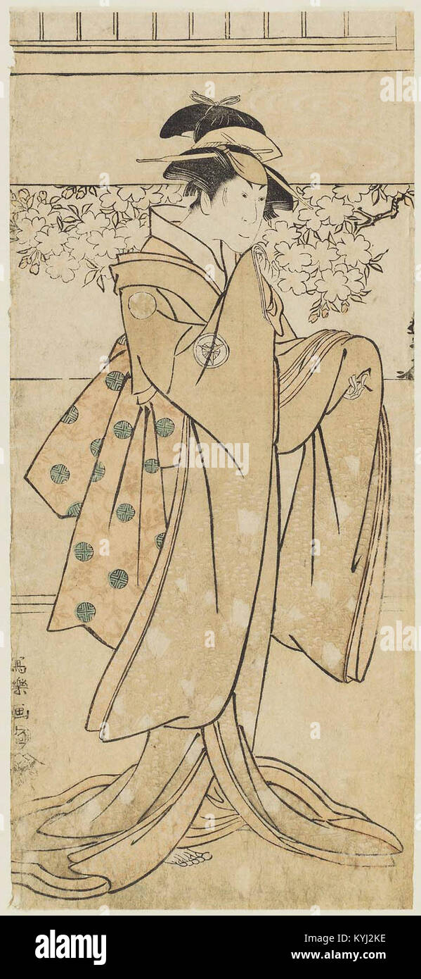 Holzschnitt von Toshusai Sharaku, 1795, der den Schauspieler Iwai Kumesaburō I. in der Rolle der Geisha Kumekichi darstellt, ein Beispiel für japanische Ukiyo-e-Theaterporträts Stockfoto