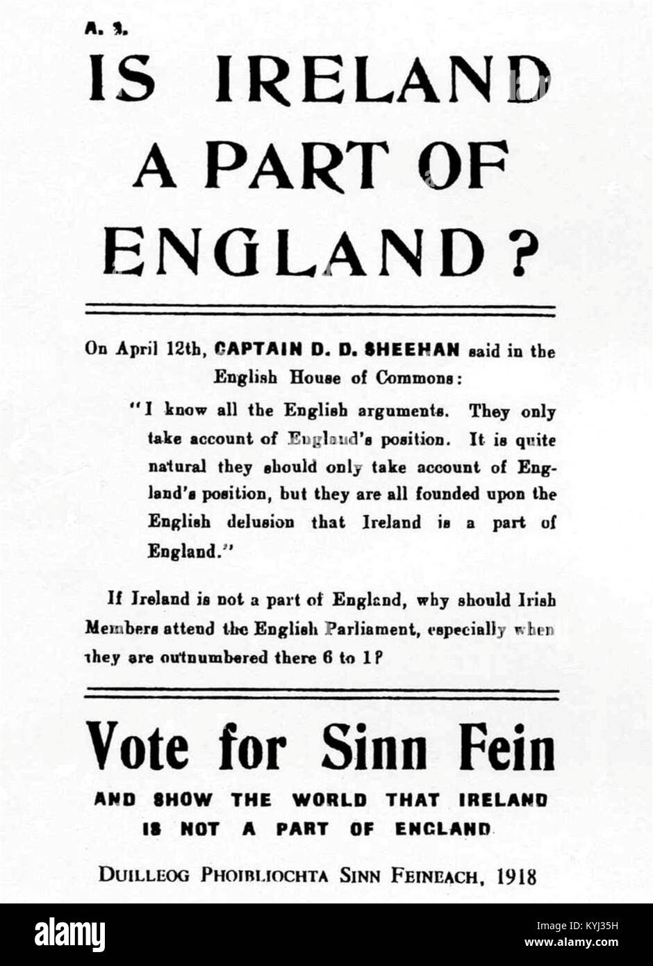 Sinn Féin Wahlplakat - 1918 Stockfoto