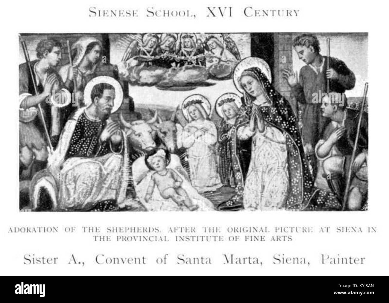 Das Gemälde „Anbetung der Hirten“ von Schwester A. aus dem Kloster Santa Marta in Siena zeigt die Geburt und veranschaulicht die Frömmigkeit und religiöse Kunst aus der Renaissance in Italien. Stockfoto