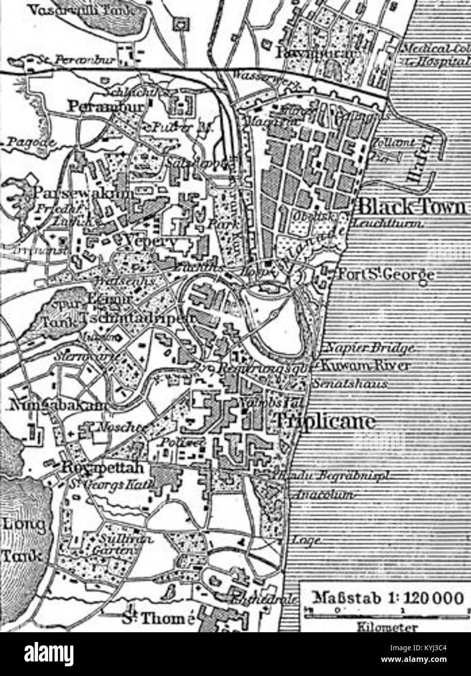 Historische Karte von Madras (Chennai) mit Straßen, Bezirken, Sehenswürdigkeiten und Stadtplanung während der Kolonialzeit in Indien. Stockfoto