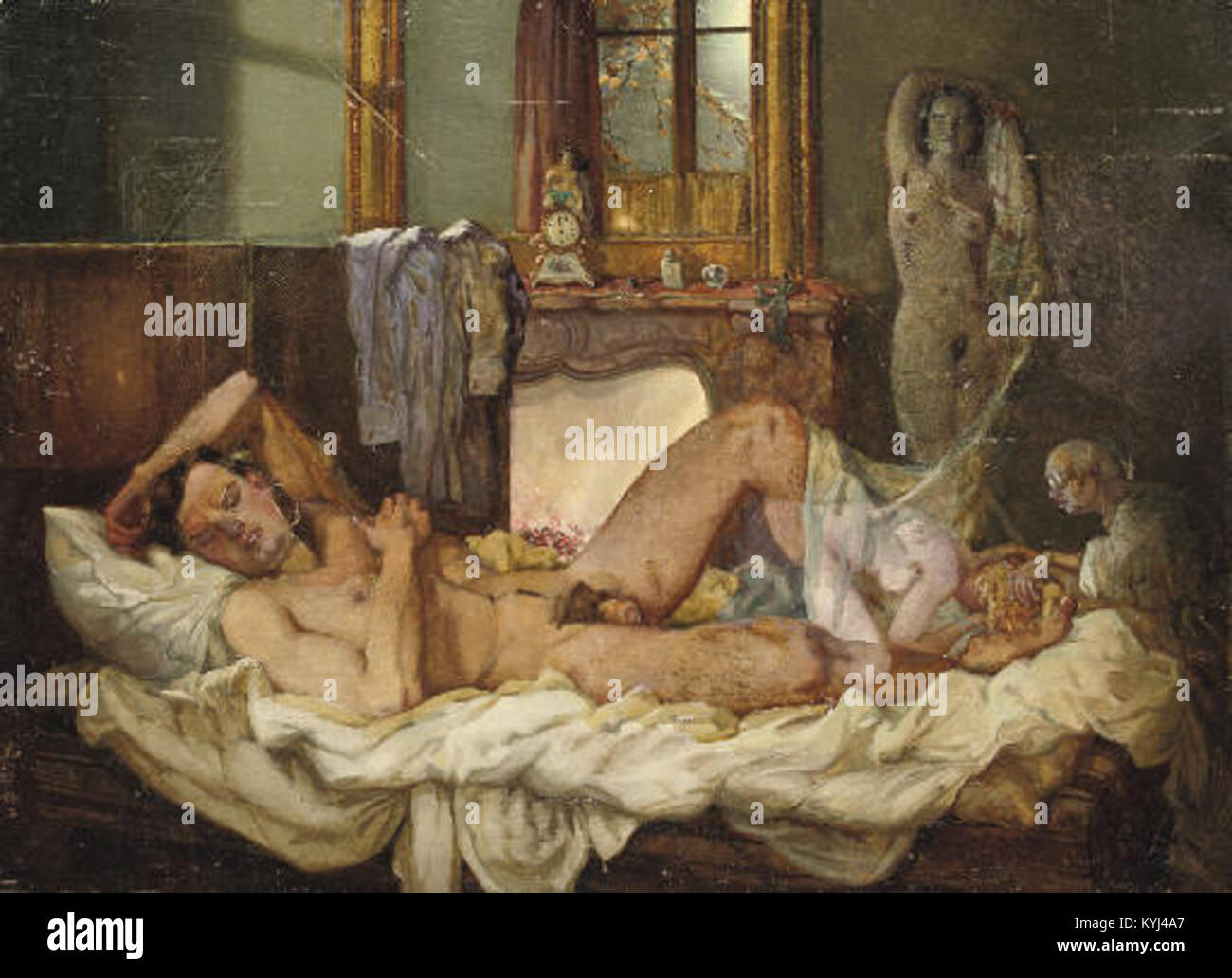 *L'Apparition* ist ein Gemälde von Konstantin Andreewitsch Somov aus dem Jahr 1938, einem russischen Künstler, der für seinen raffinierten Stil und seine Liebe zum Detail bekannt ist. Das Gemälde zeigt eine geheimnisvolle und ätherische Szene, die charakteristisch für Somovs Erforschung der Fantasie und des Übernatürlichen ist. Es ist Teil seiner späteren Arbeiten und zeigt seine reife künstlerische Vision. Stockfoto