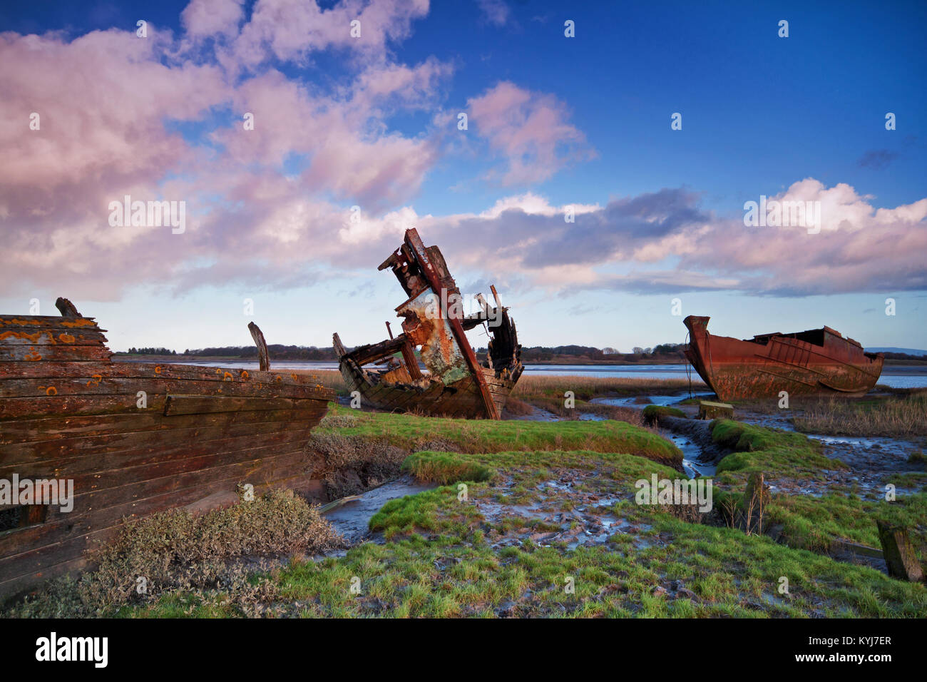 Wracks in den Fluss Wyre gebadet in weiche Winter Sonnenlicht Stockfoto