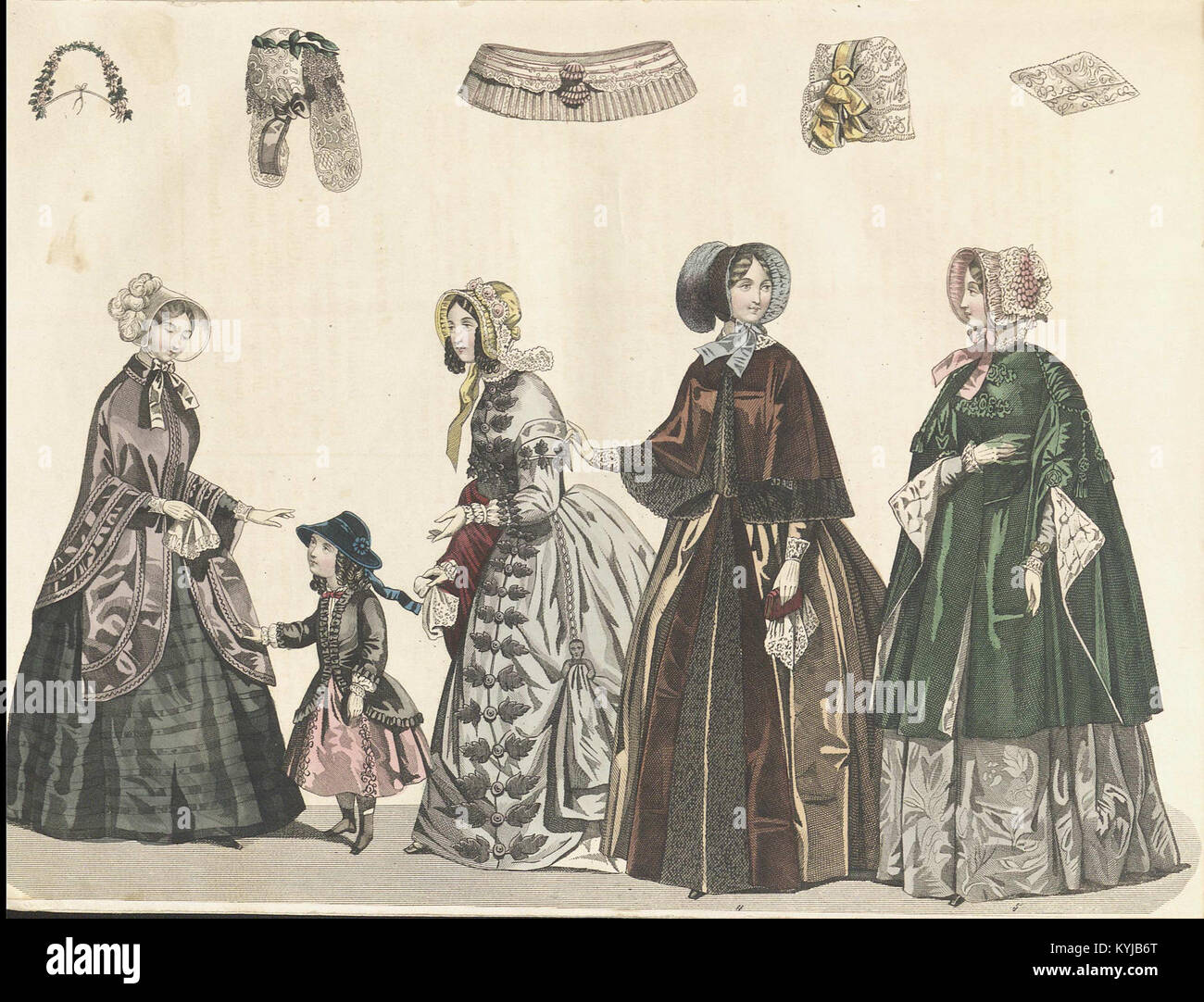 Eine Illustration aus dem schwedischen Magazin „Stockholms Mode-Journal“ aus dem Jahr 1847, die Damenmode und elegante Kleidungsstile aus Schweden der Mitte des 19. Jahrhunderts zeigt. Stockfoto