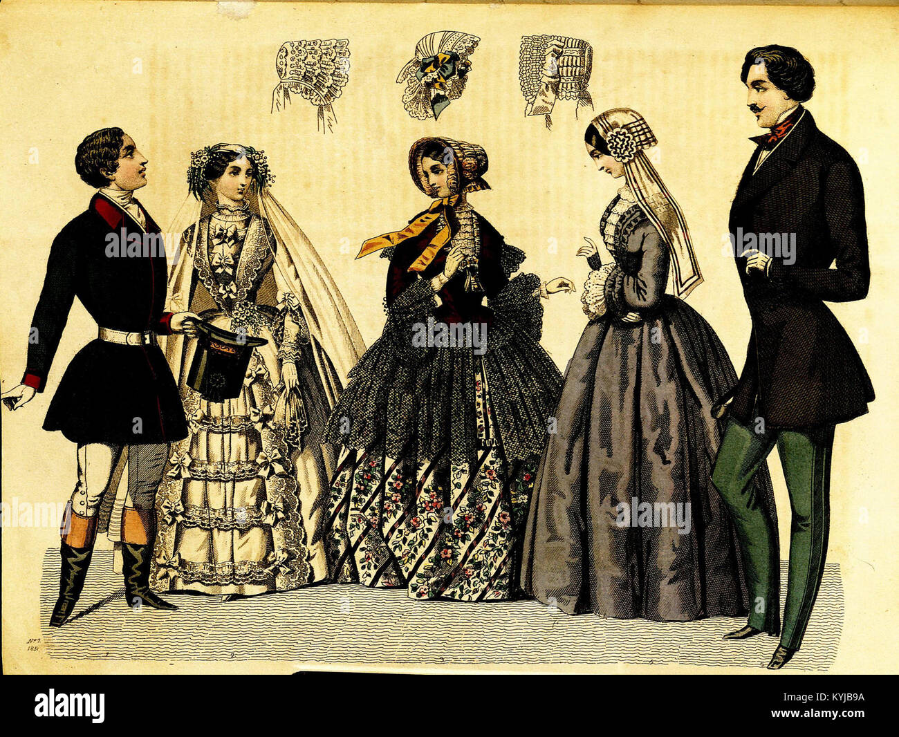 Eine Illustration aus dem 1851 erschienenen Stockholms Mode-Journal, in der Modetrends und elegante Designs der Zeit dargestellt werden, die den Stil des 19. Jahrhunderts in Stockholm widerspiegeln. Stockfoto