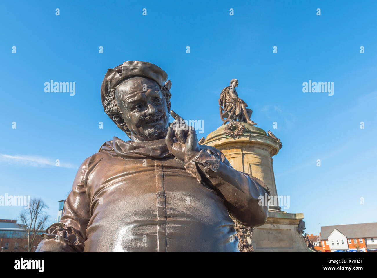 Falstaff Statue, Blick auf die Sir John Falstaff Statue, die einen Teil des Shakespeare Gower Memorial im Zentrum von Stratford Upon Avon, England, umfasst. Stockfoto