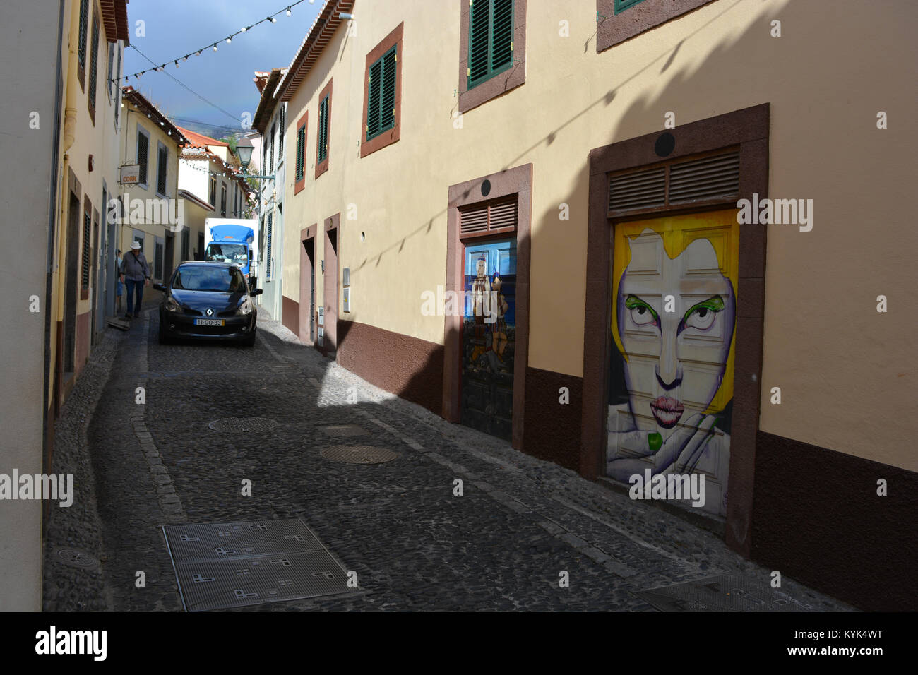 Lackierte Türen in der Rua de Santa Maria, eine Kunst im öffentlichen Raum ein altes neu zu beleben, vernachlässigten Straße in der Altstadt von Funchal, Madeira, Portugal Stockfoto