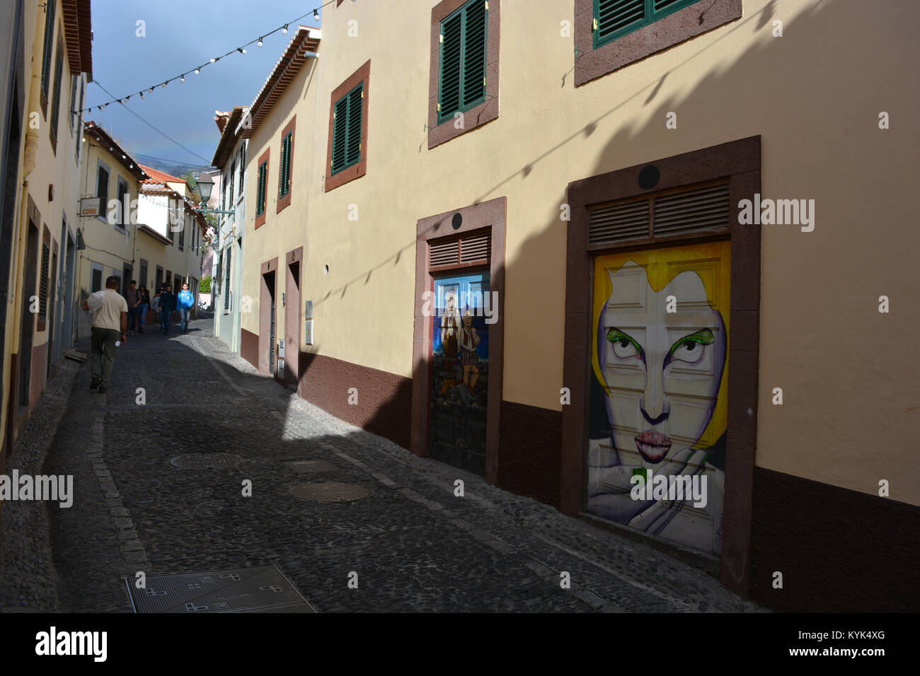 Lackierte Türen in der Rua de Santa Maria, eine Kunst im öffentlichen Raum ein altes neu zu beleben, vernachlässigten Straße in der Altstadt von Funchal, Madeira, Portugal Stockfoto