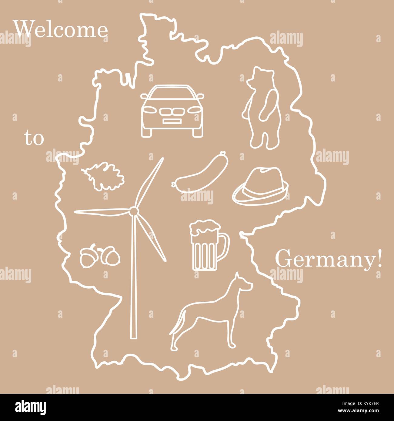 Vector Illustration mit verschiedenen Symbolen in Deutschland. Reisen und Freizeit. Design für Banner, Poster oder Drucken. Stock Vektor