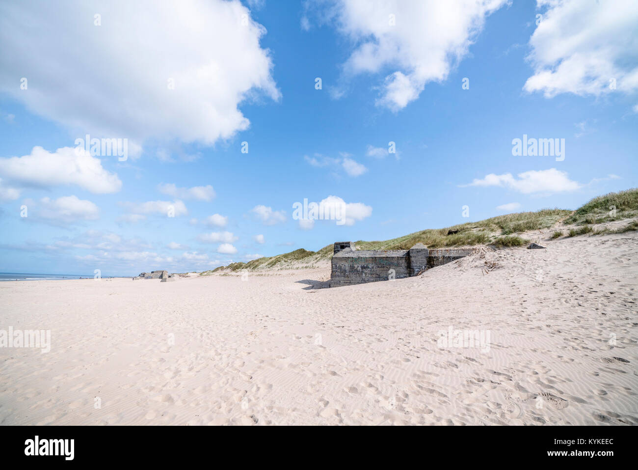 Dänische Strand mit Ruinen der deutschen Bunker aus dem Zweiten Weltkrieg im Sommer mit weißen Wolken im blauen Himmel Stockfoto