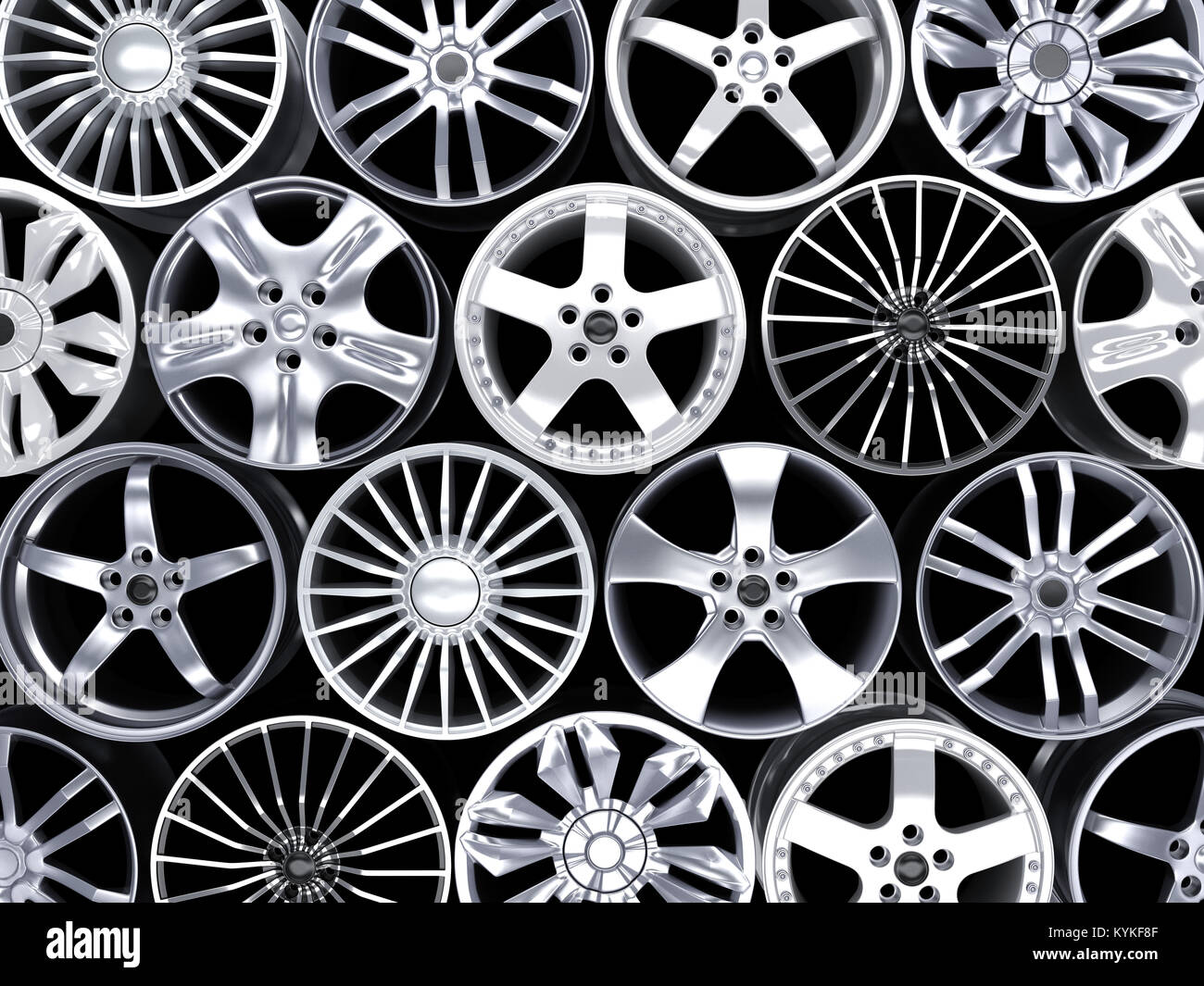 Viele auto Disc auf schwarzem Hintergrund. 3D-Darstellung Stockfoto
