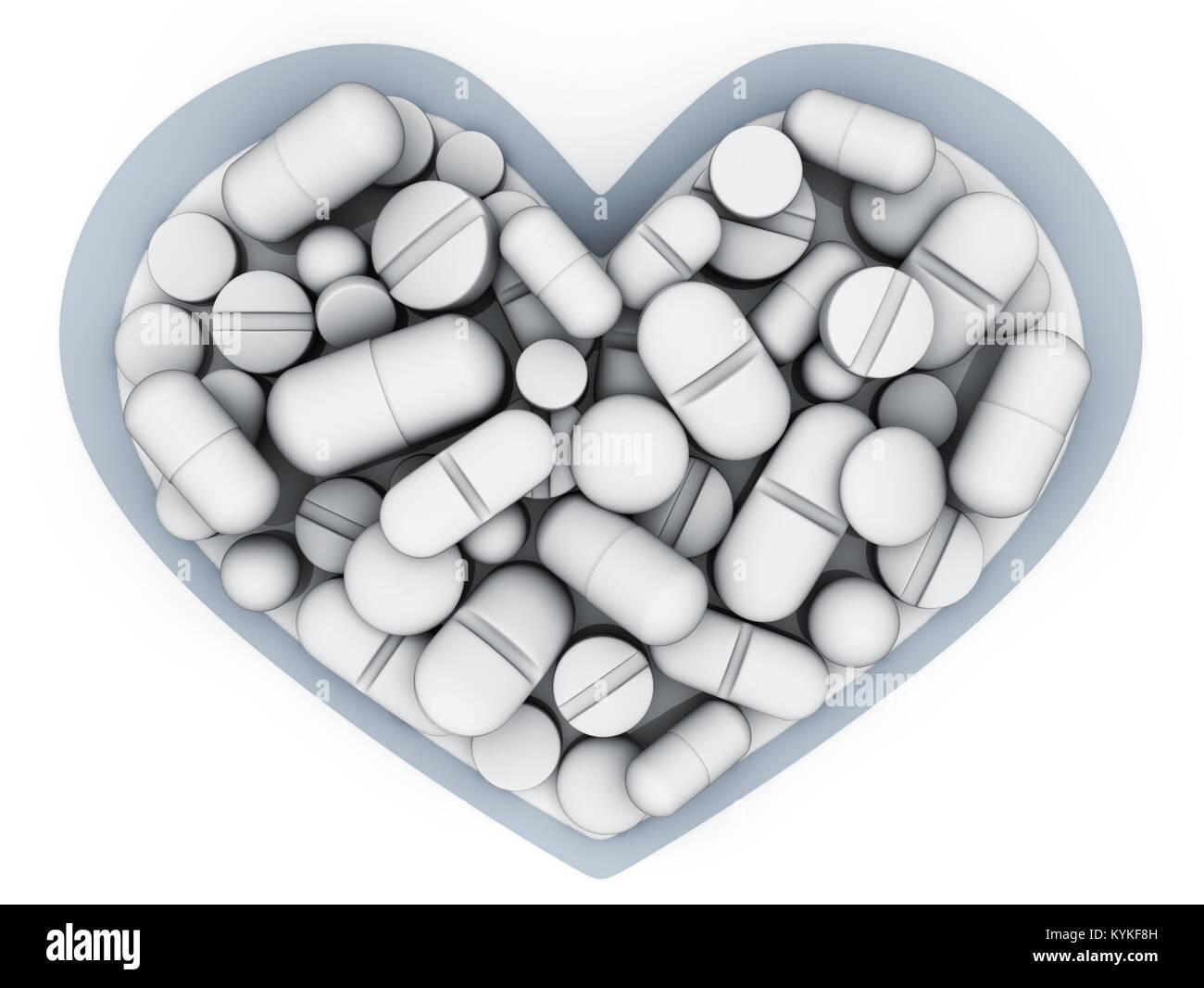 Viele Tabletten und Vitamine in Form von Herzen auf weißem Hintergrund. 3D illustration Stockfoto