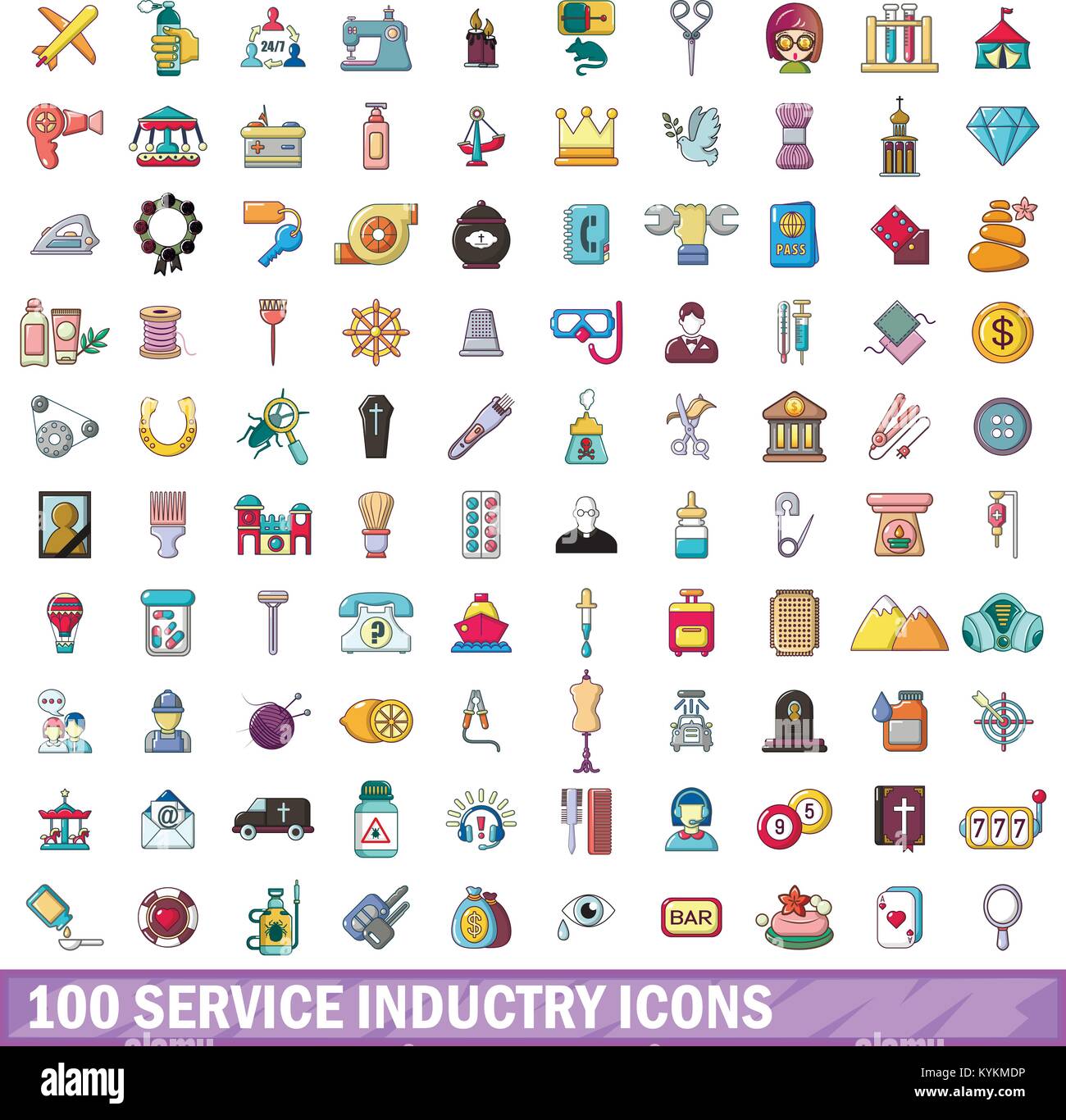 100 service Industrie Symbole, Cartoon Stil Stock Vektor