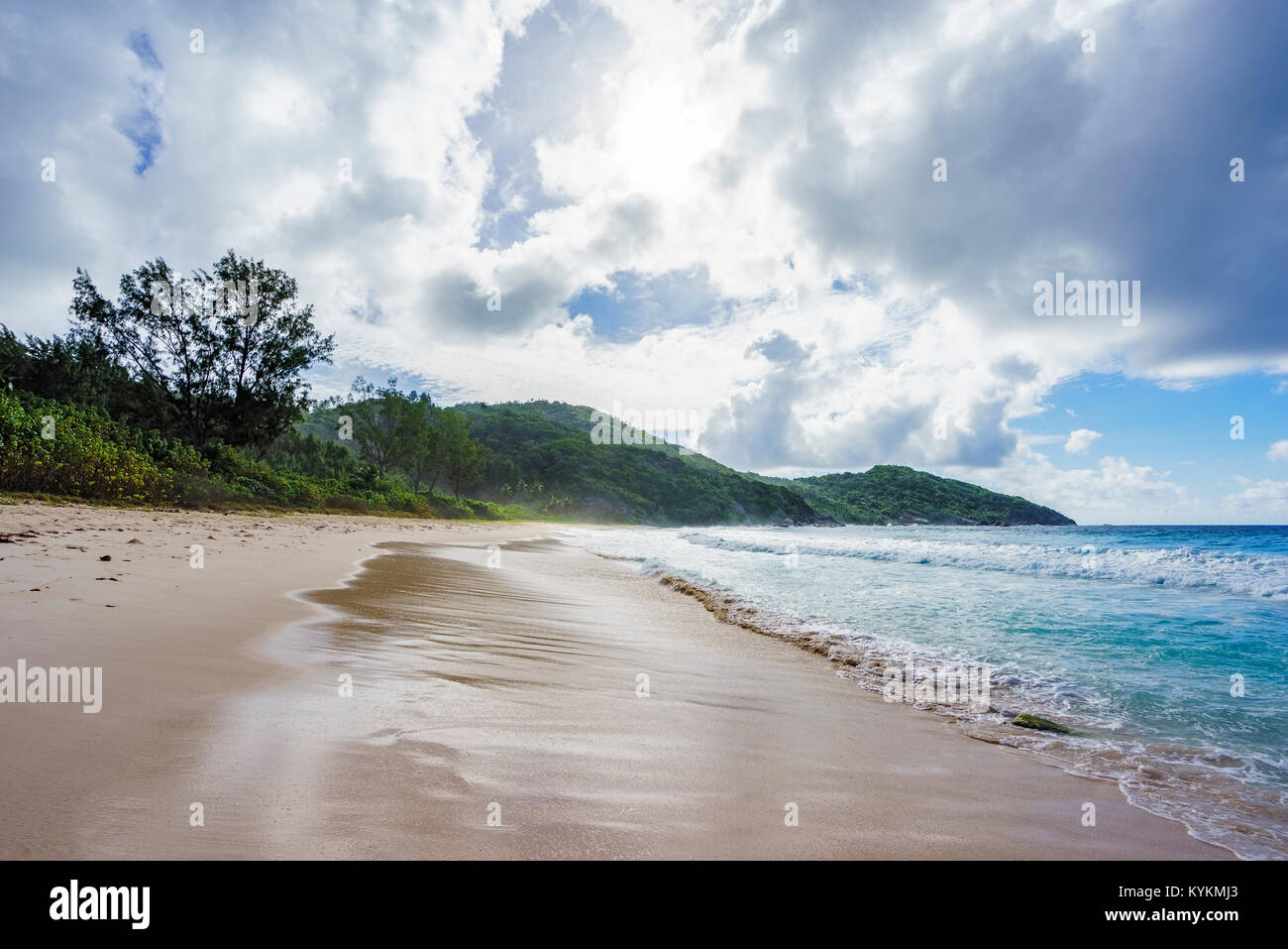 Wild Tropischer Strand mit Palmen in einem Dschungel, Sand und eine rauhe See an der Polizei Bay auf den Seychellen an einem bewölkten Tag Stockfoto
